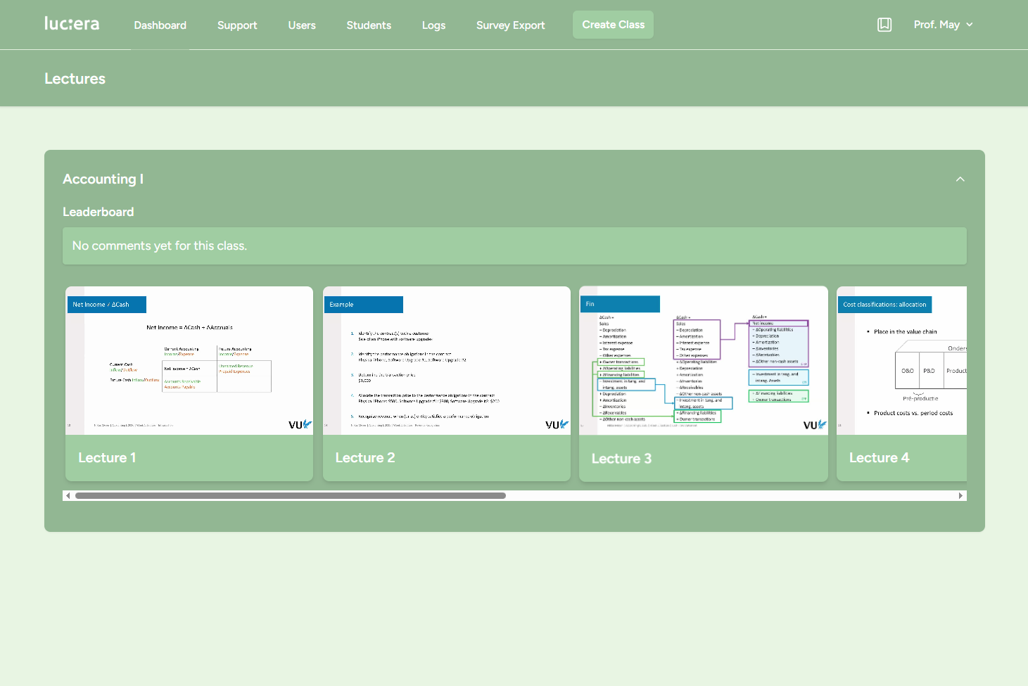 Teacher dashboard showing the lecture library for Accounting I