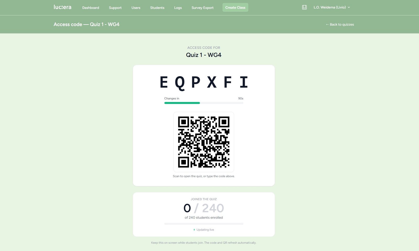 Live quiz session showing the rotating access code and QR join screen