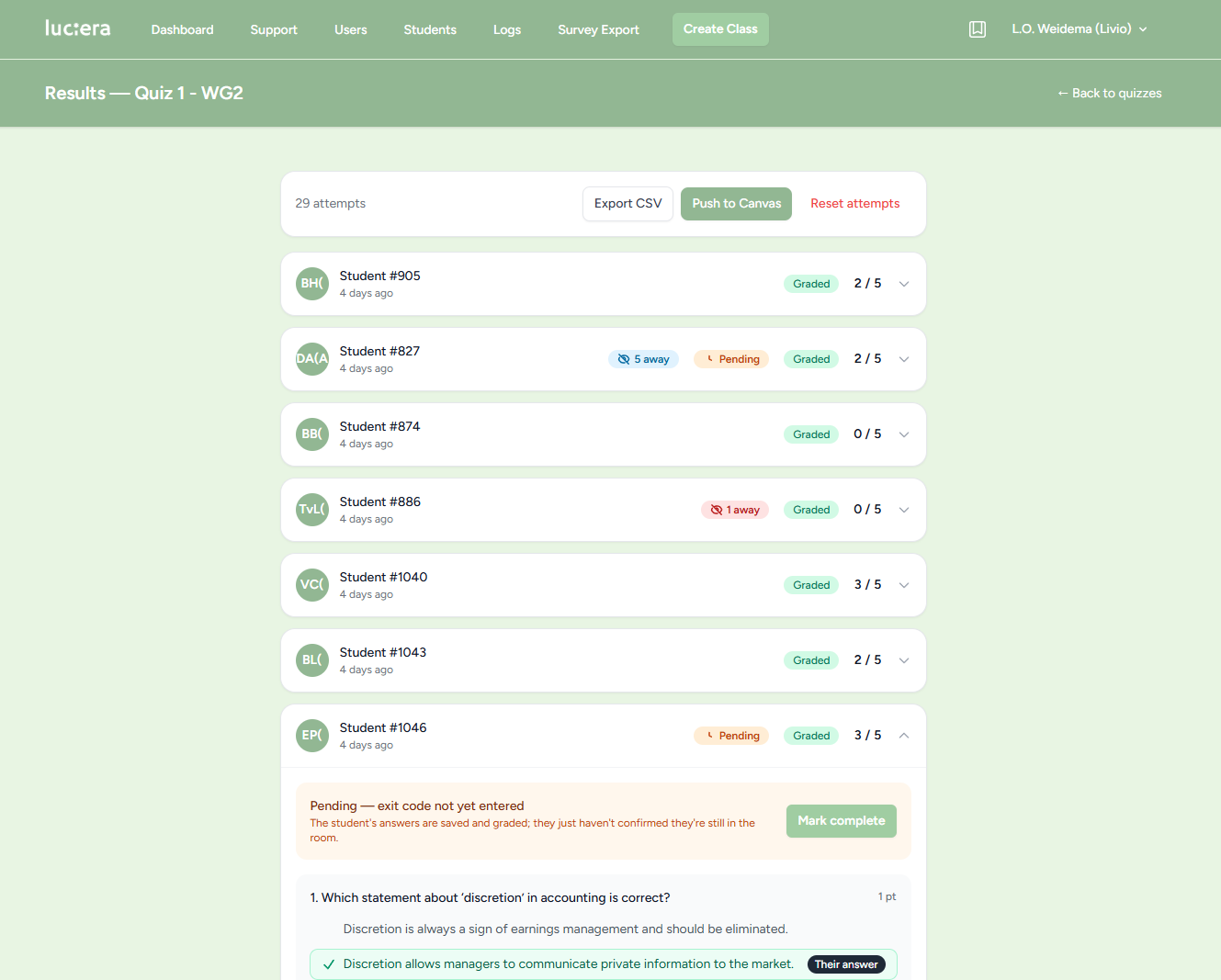 Teacher dashboard for grading and reviewing quiz activity